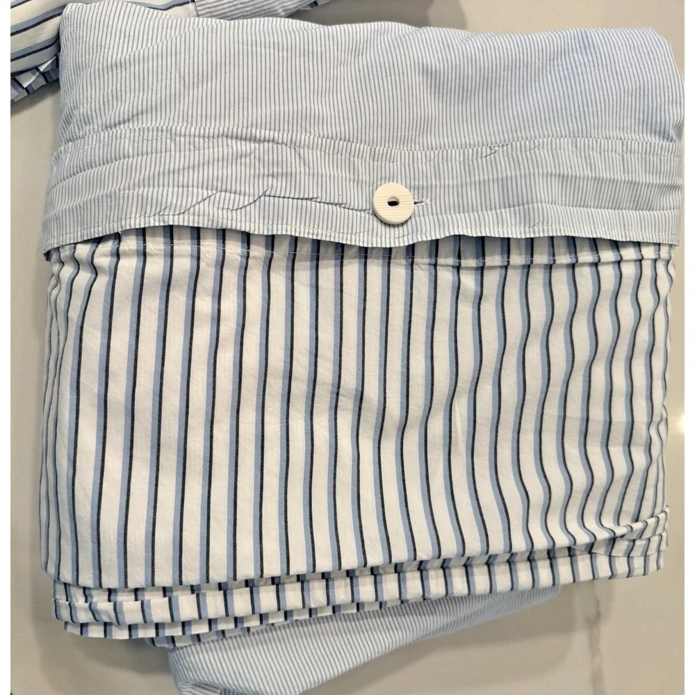 West Elm Organic Cotton Stripe Duvet Cover Full Queen Kyoto Blue + 2 Shams